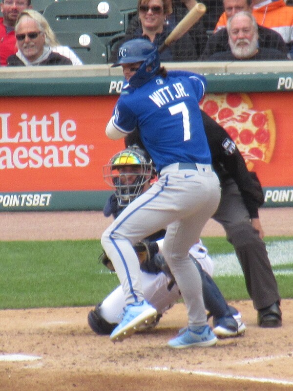 Bobby Witt Jr., with the highest batting average in the majors, bats against the Tigers.