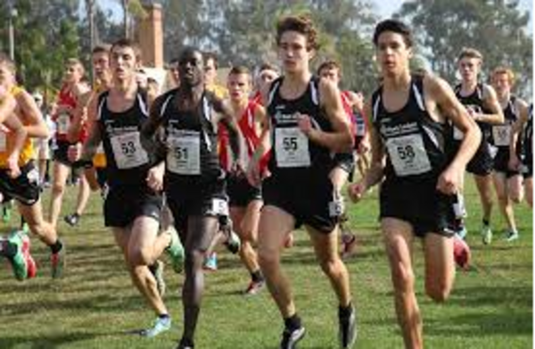 The Hidden Valley Men's Cross Country Team warms up as a team prior to a race.