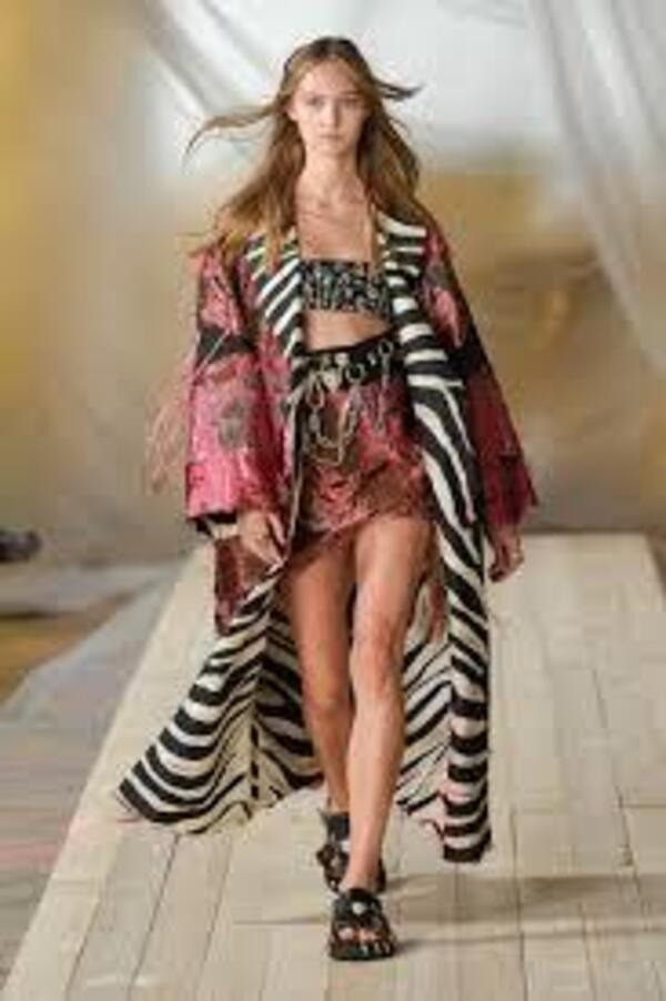 A bohemian/zebra print outfit on Roberto Cavalli's fashion runway.